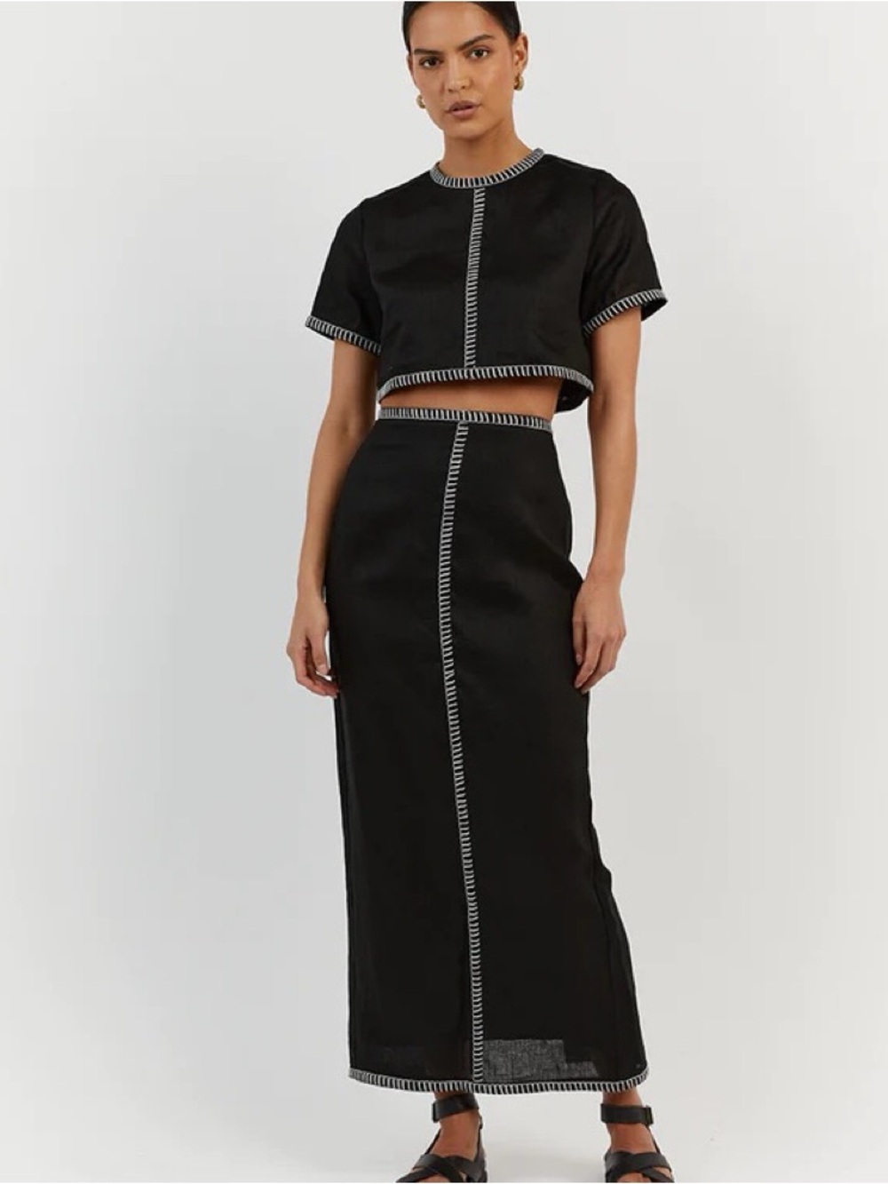 Magaschoni Black Maxi Skirt Set with Contrast White Stitching